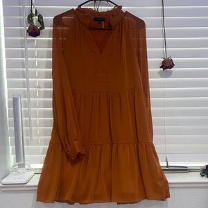 STATE Rust Ruffled Long, Sheer Sleeve Dress
